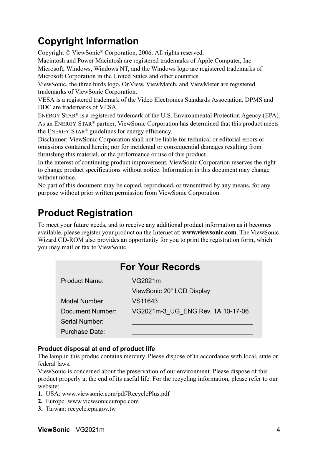 ViewSonic VG2021m Copyright Information, Product Registration For Your Records, Product disposal at end of product life 