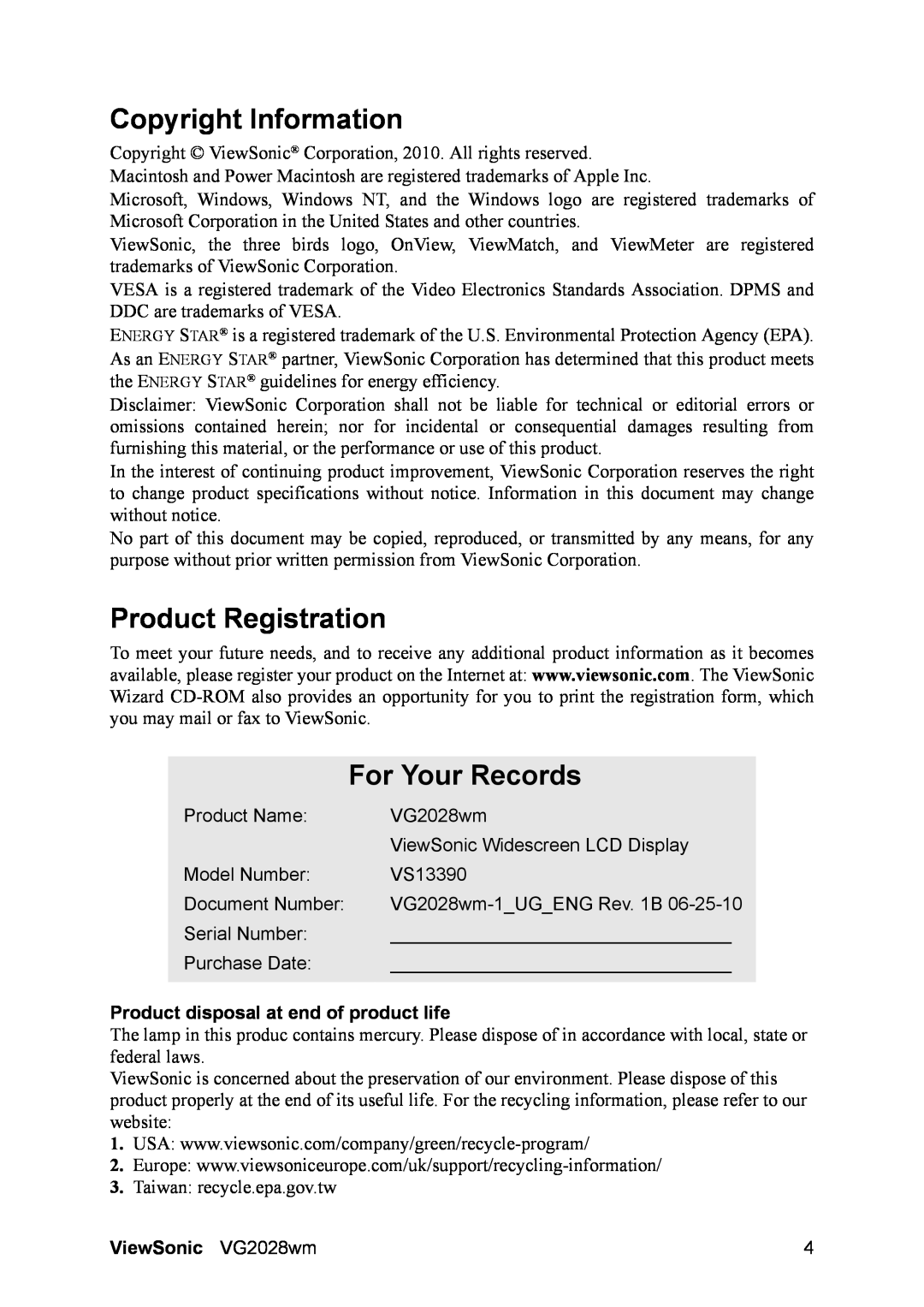 ViewSonic VS13390 Copyright Information, Product Registration, For Your Records, Product disposal at end of product life 