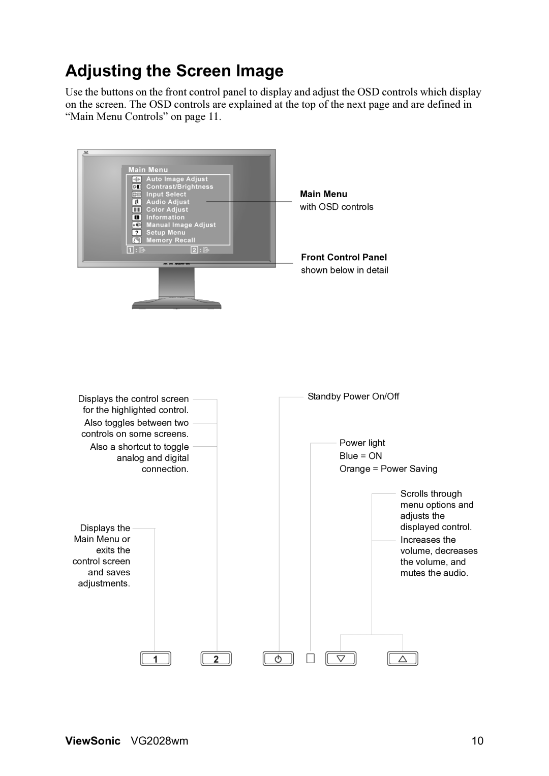 ViewSonic VS13390, VG2028WM warranty Adjusting the Screen Image, Front Control Panel 