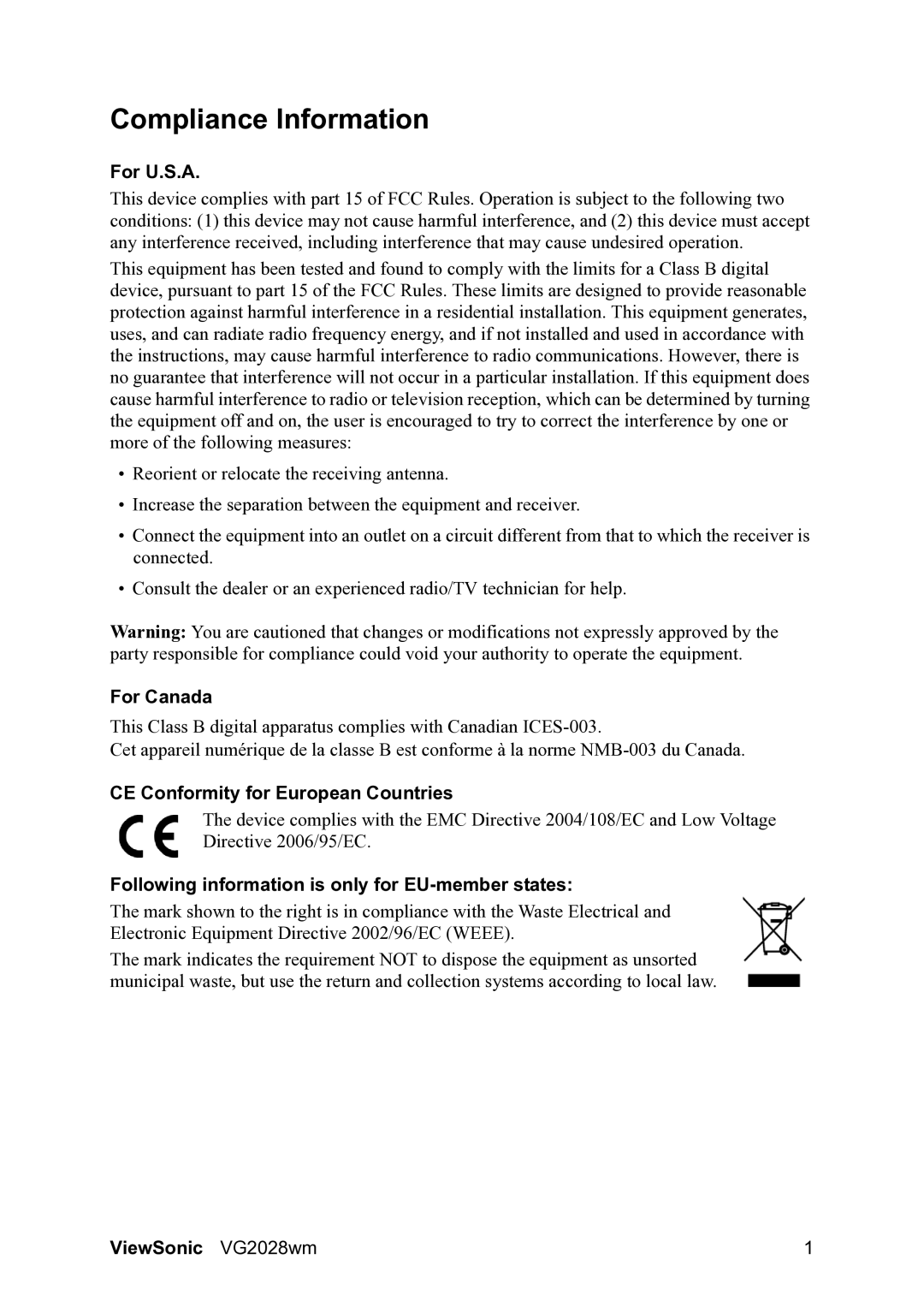 ViewSonic VG2028WM, VS13390 warranty Compliance Information, For U.S.A, For Canada, CE Conformity for European Countries 