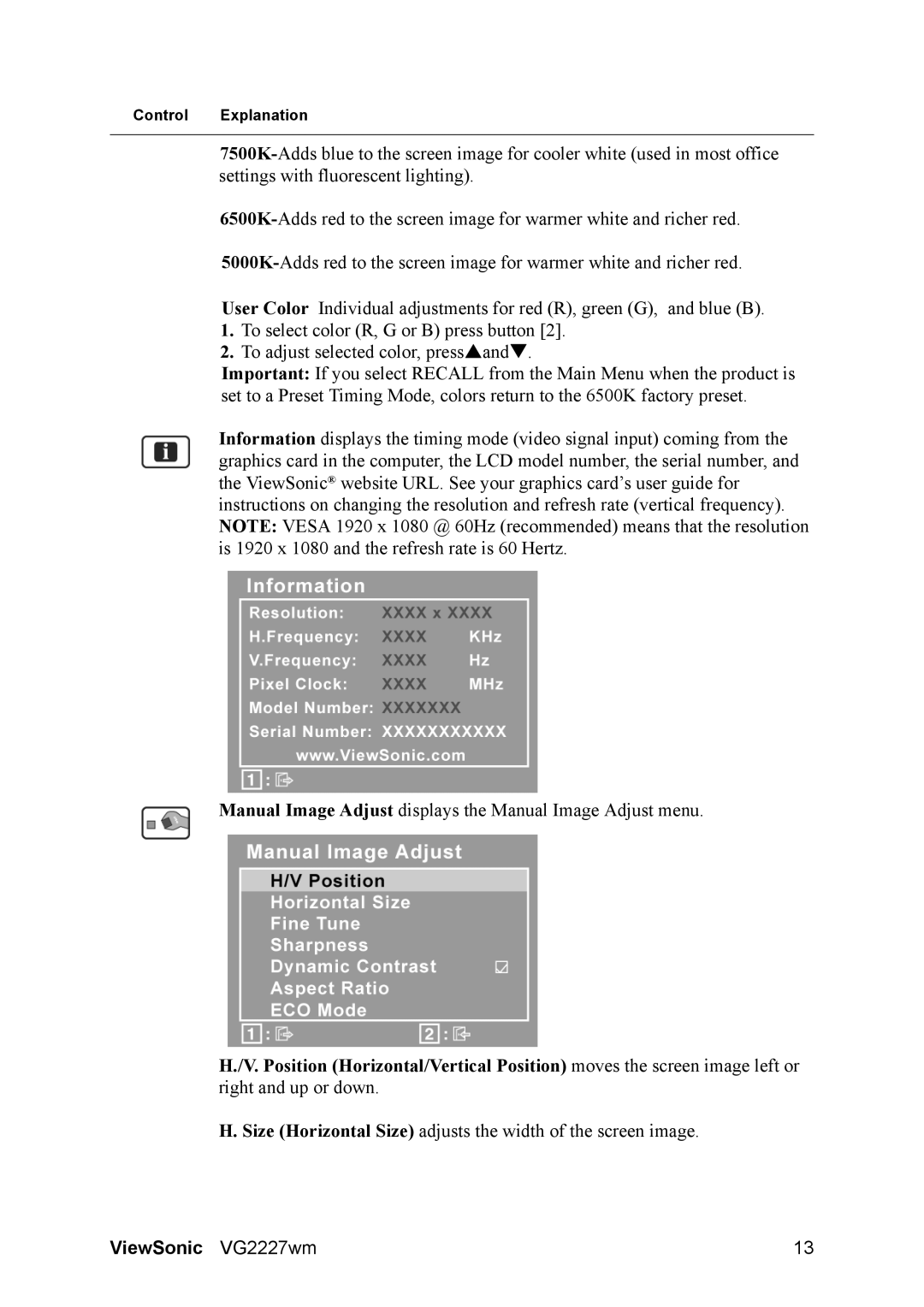 ViewSonic VG2227WM warranty Size Horizontal Size adjusts the width of the screen image 