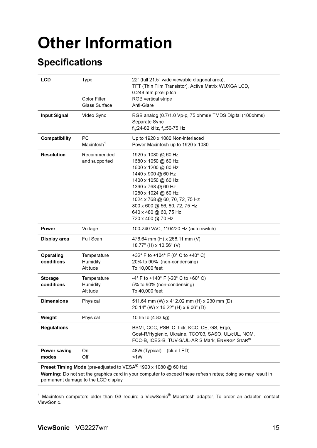 ViewSonic VG2227WM warranty Other Information, Specifications 