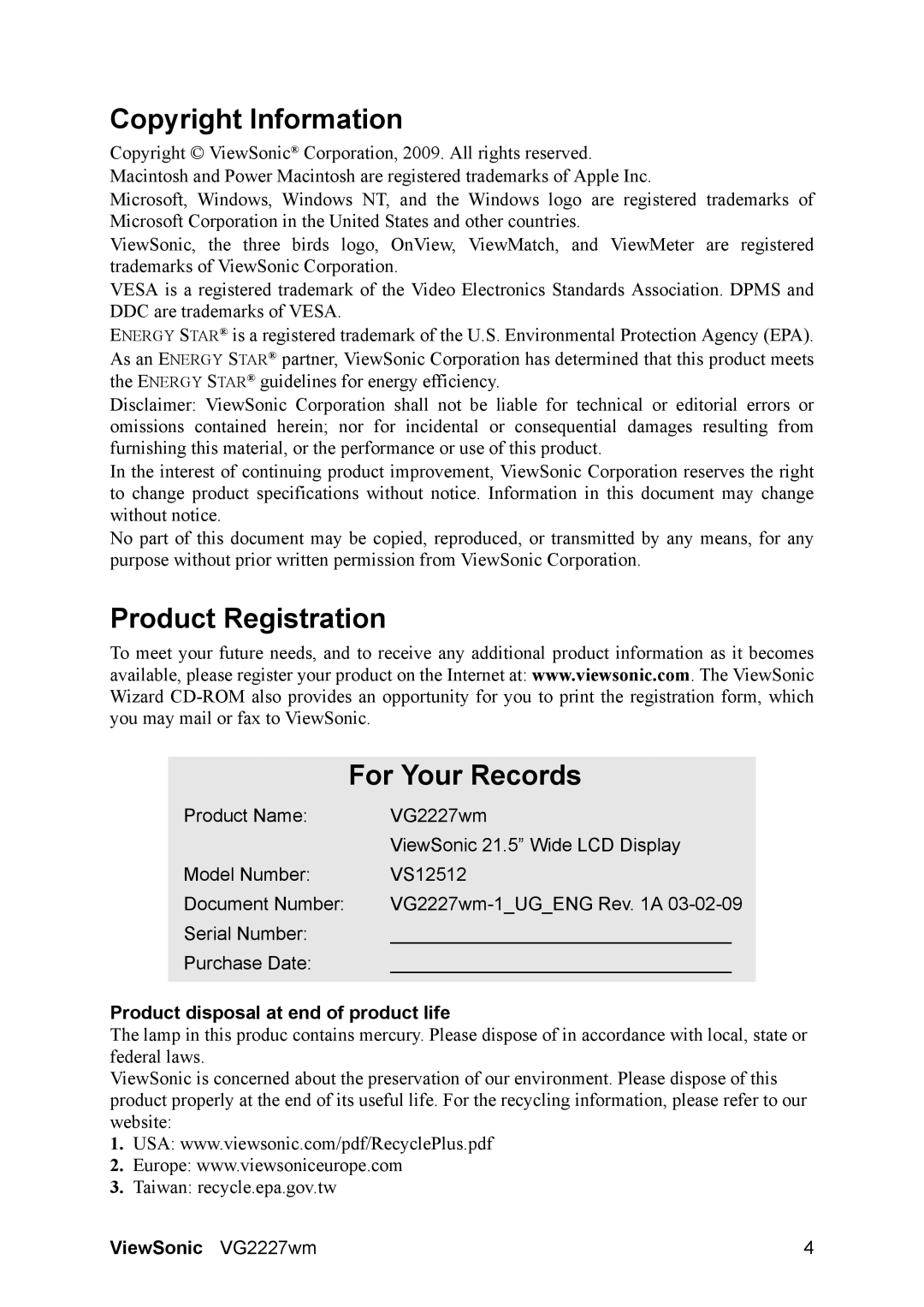 ViewSonic VG2227WM Copyright Information, Product Registration For Your Records, Product disposal at end of product life 