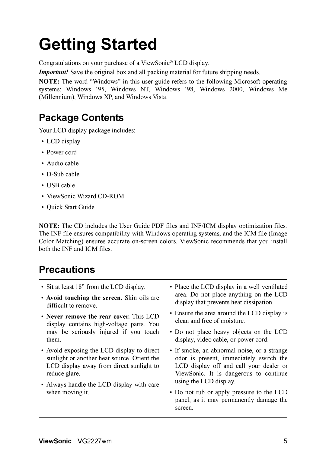 ViewSonic VG2227WM warranty Package Contents, Precautions 