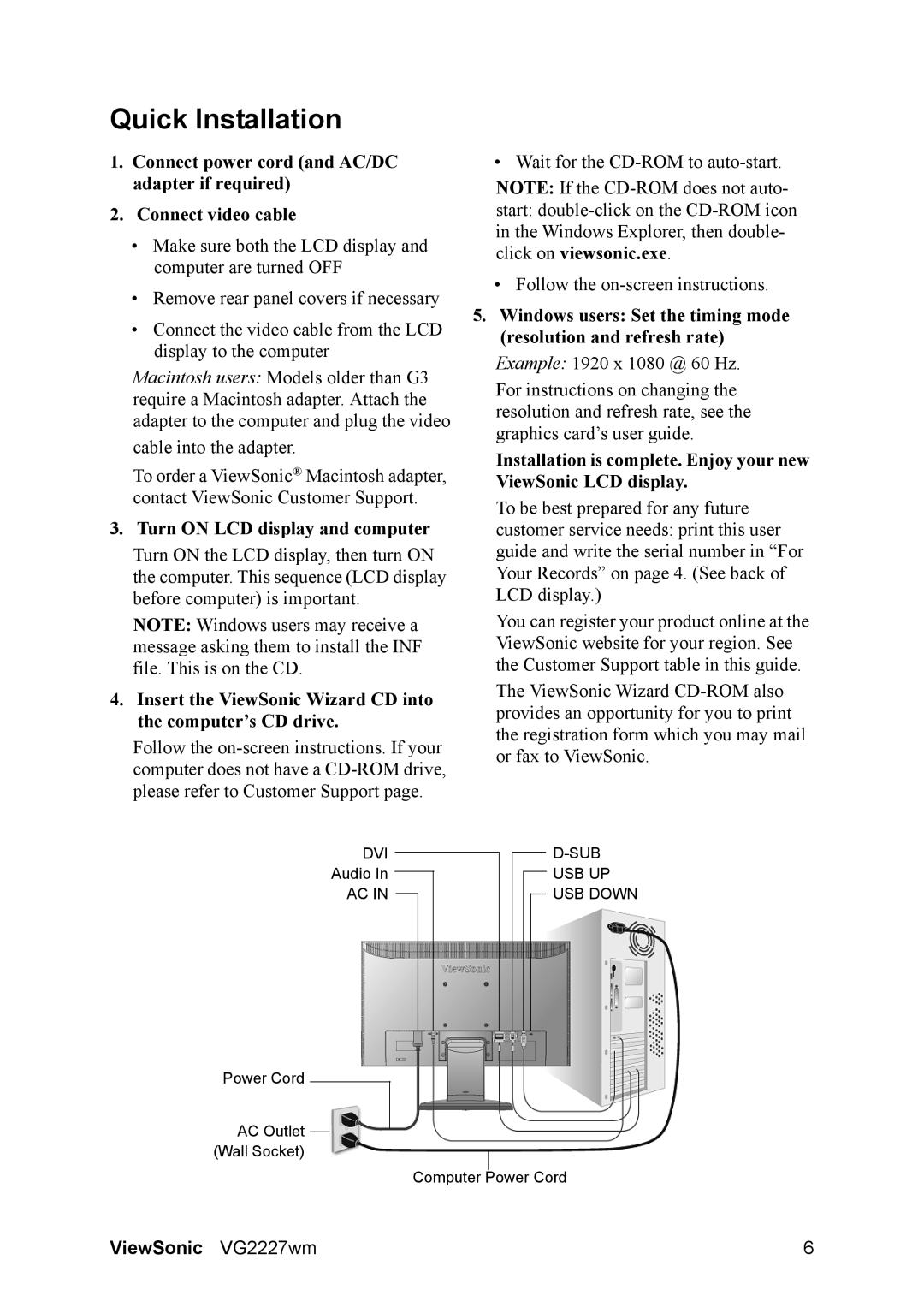 ViewSonic VG2227WM warranty Quick Installation, Turn on LCD display and computer 