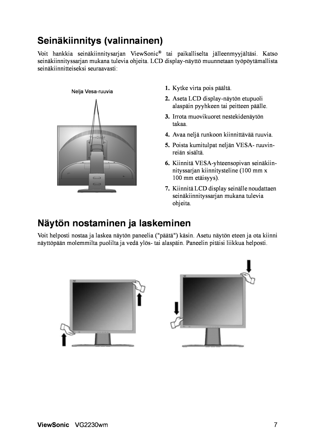 ViewSonic manual Seinäkiinnitys valinnainen, Näytön nostaminen ja laskeminen, ViewSonic VG2230wm 