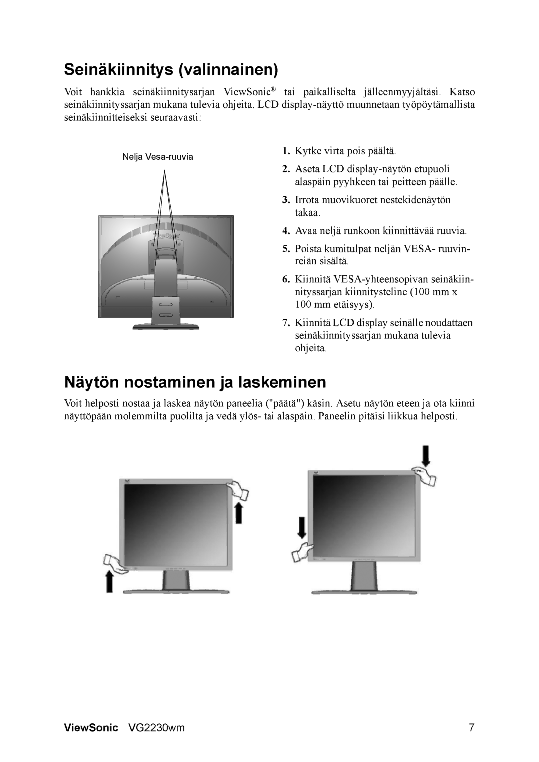 ViewSonic VG2230wm manual Seinäkiinnitys valinnainen, Näytön nostaminen ja laskeminen 