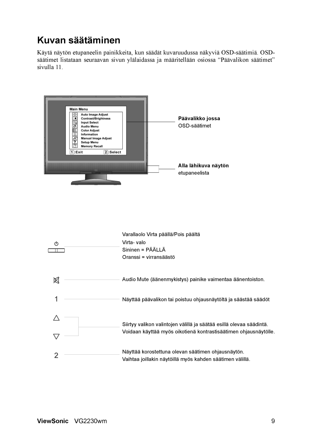 ViewSonic VG2230wm manual Kuvan säätäminen, Alla lähikuva näytön etupaneelista 