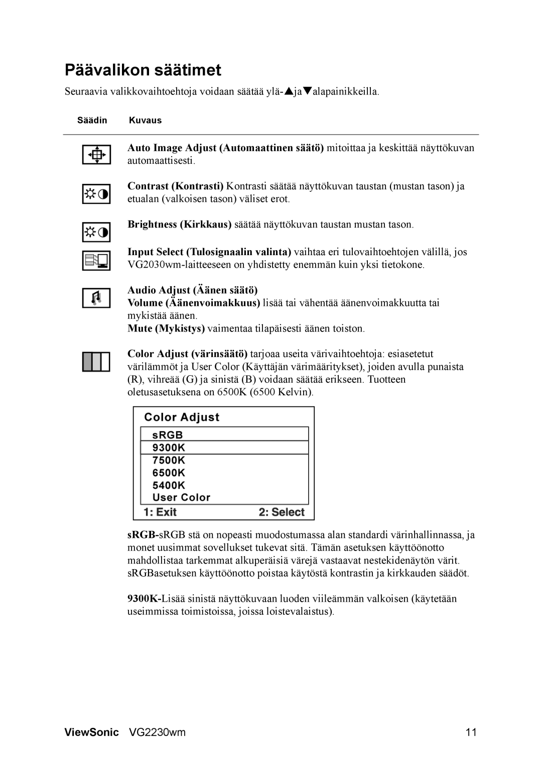 ViewSonic VG2230wm manual Päävalikon säätimet, Audio Adjust Äänen säätö 