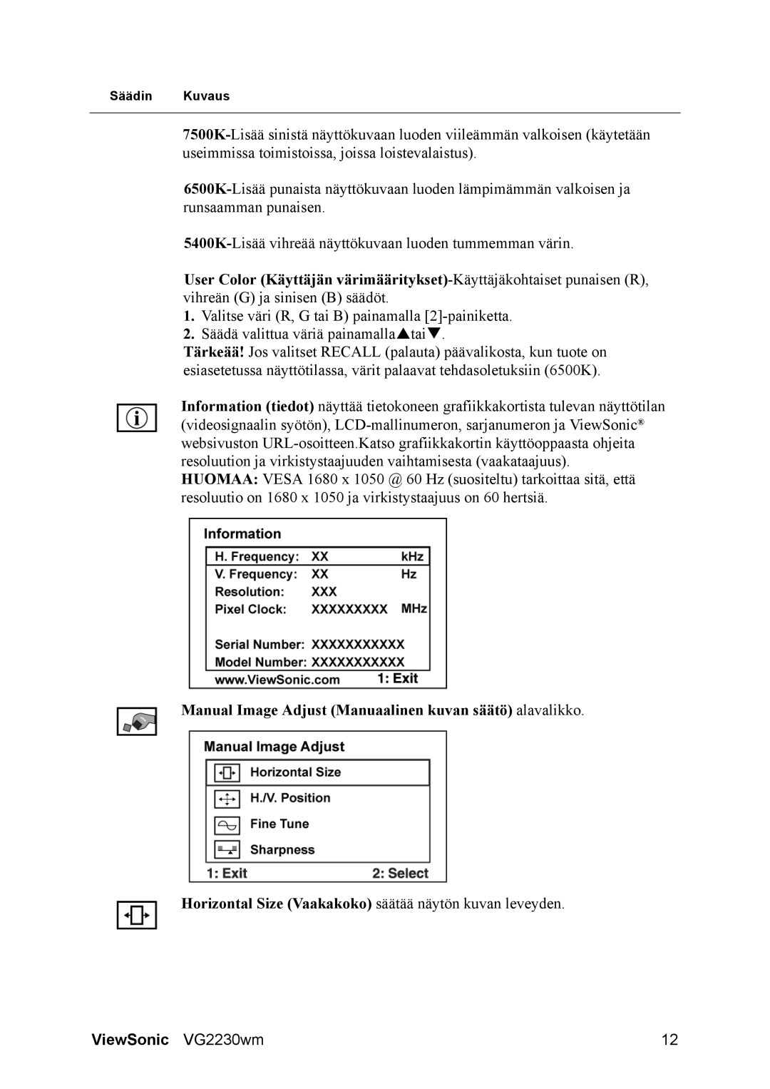 ViewSonic VG2230wm manual Manual Image Adjust Manuaalinen kuvan säätö alavalikko 