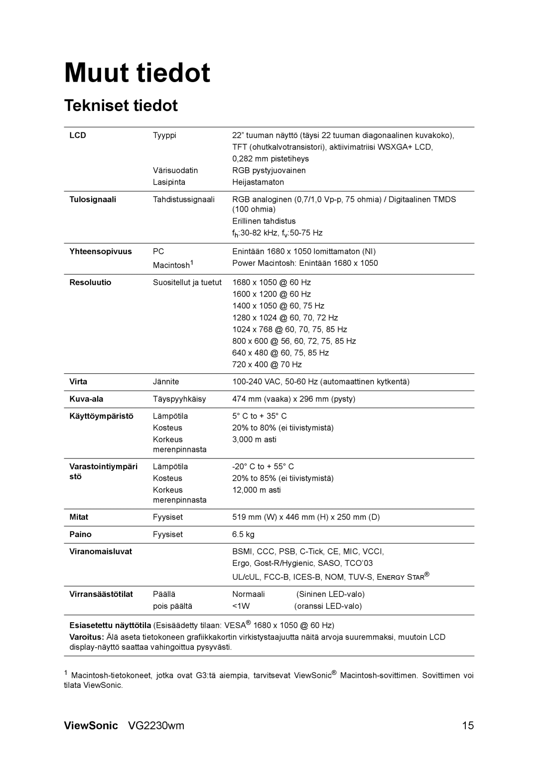 ViewSonic VG2230wm manual Muut tiedot, Tekniset tiedot 