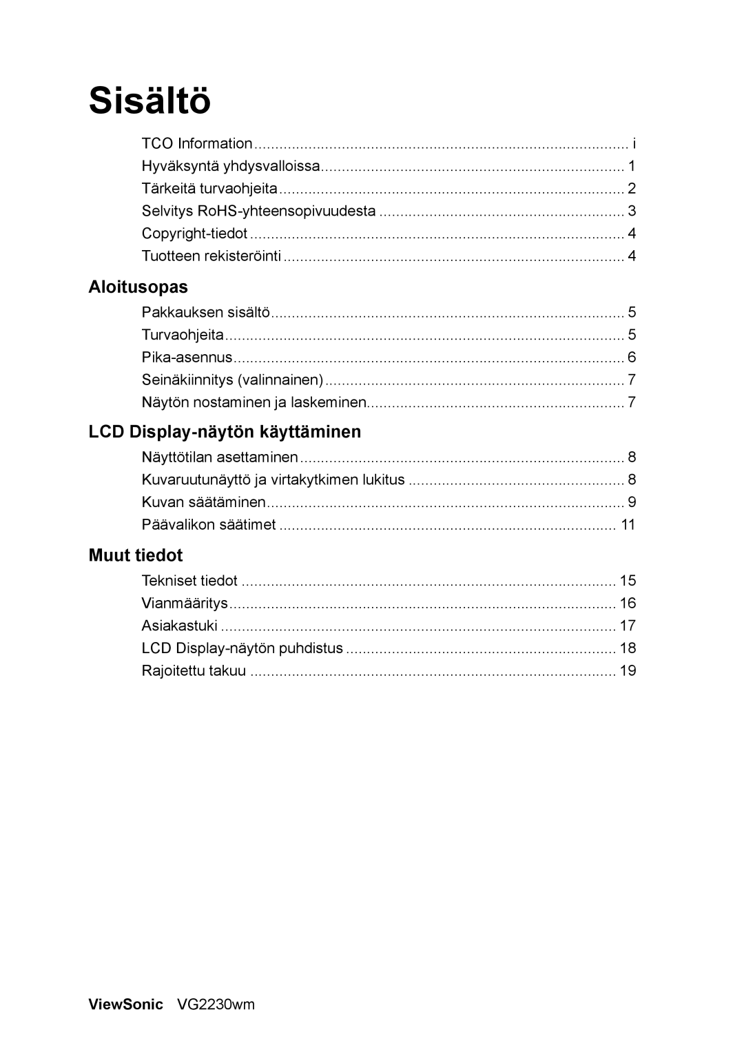 ViewSonic manual Sisältö, ViewSonic VG2230wm 