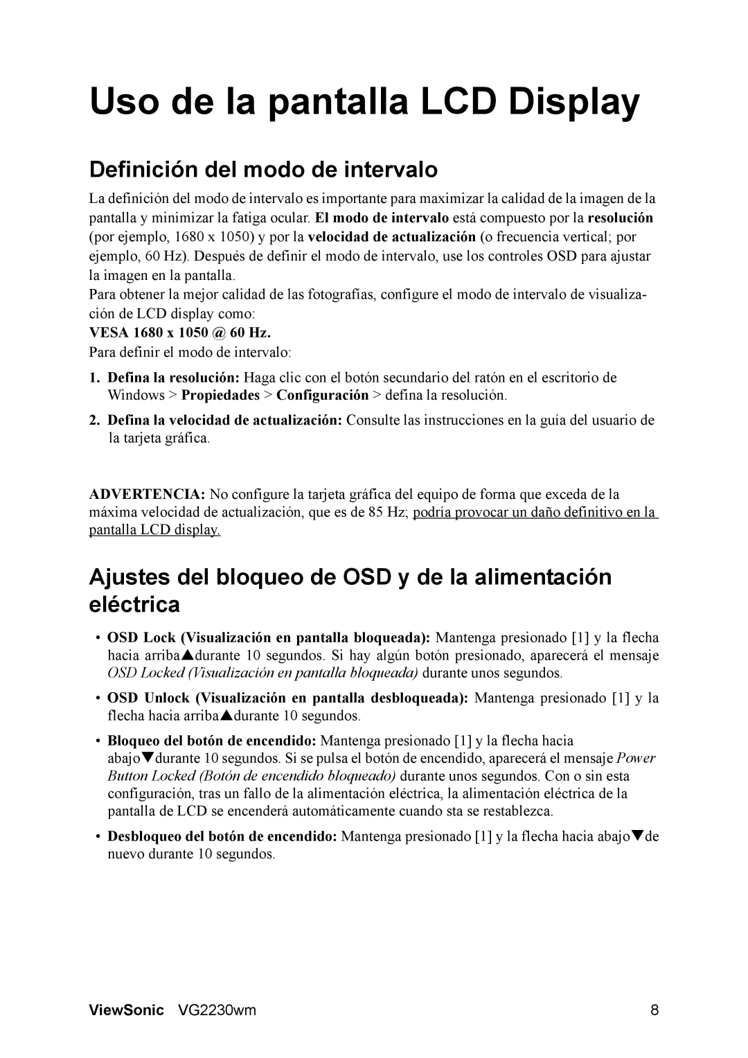 ViewSonic VG2230wm manual Uso de la pantalla LCD Display, Definición del modo de intervalo 