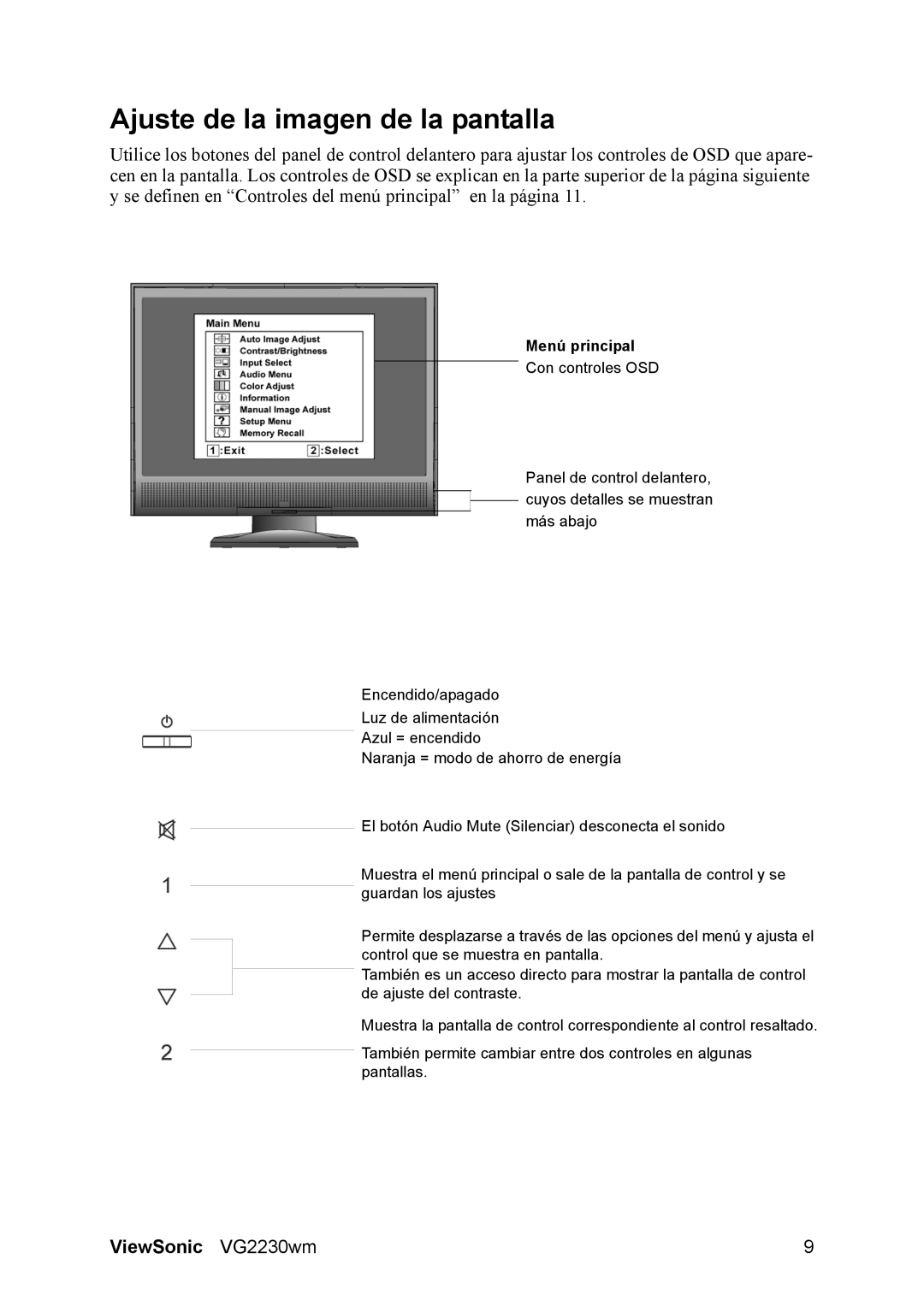 ViewSonic VG2230wm manual Ajuste de la imagen de la pantalla, Menú principal 