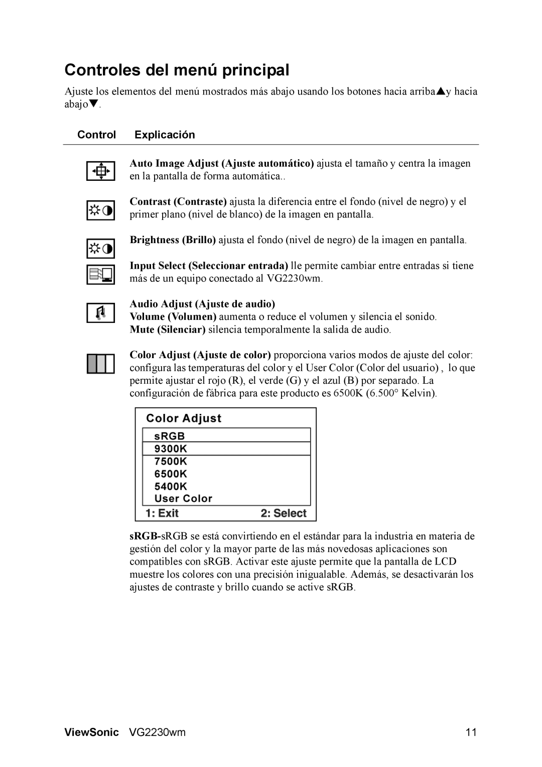 ViewSonic VG2230wm manual Controles del menú principal, Control Explicación 