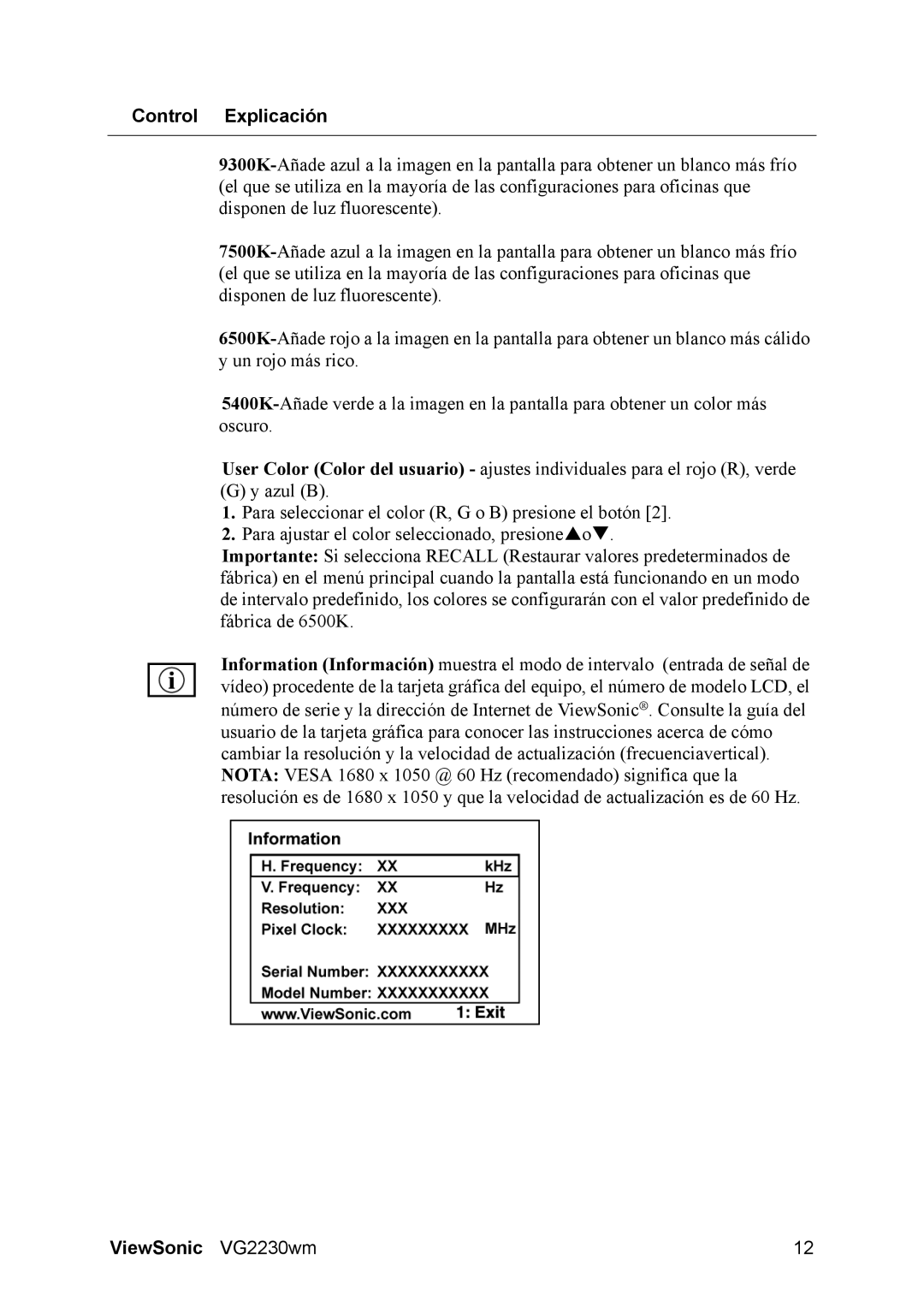 ViewSonic VG2230wm manual Control Explicación 