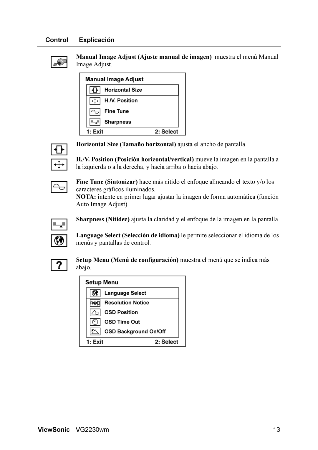 ViewSonic VG2230wm manual Control Explicación 