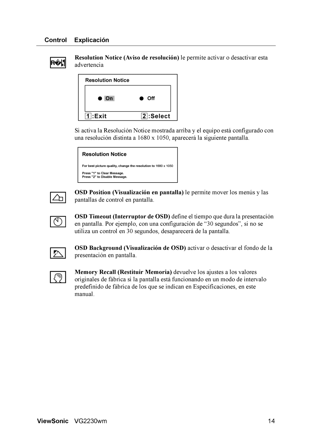 ViewSonic VG2230wm manual Control Explicación 