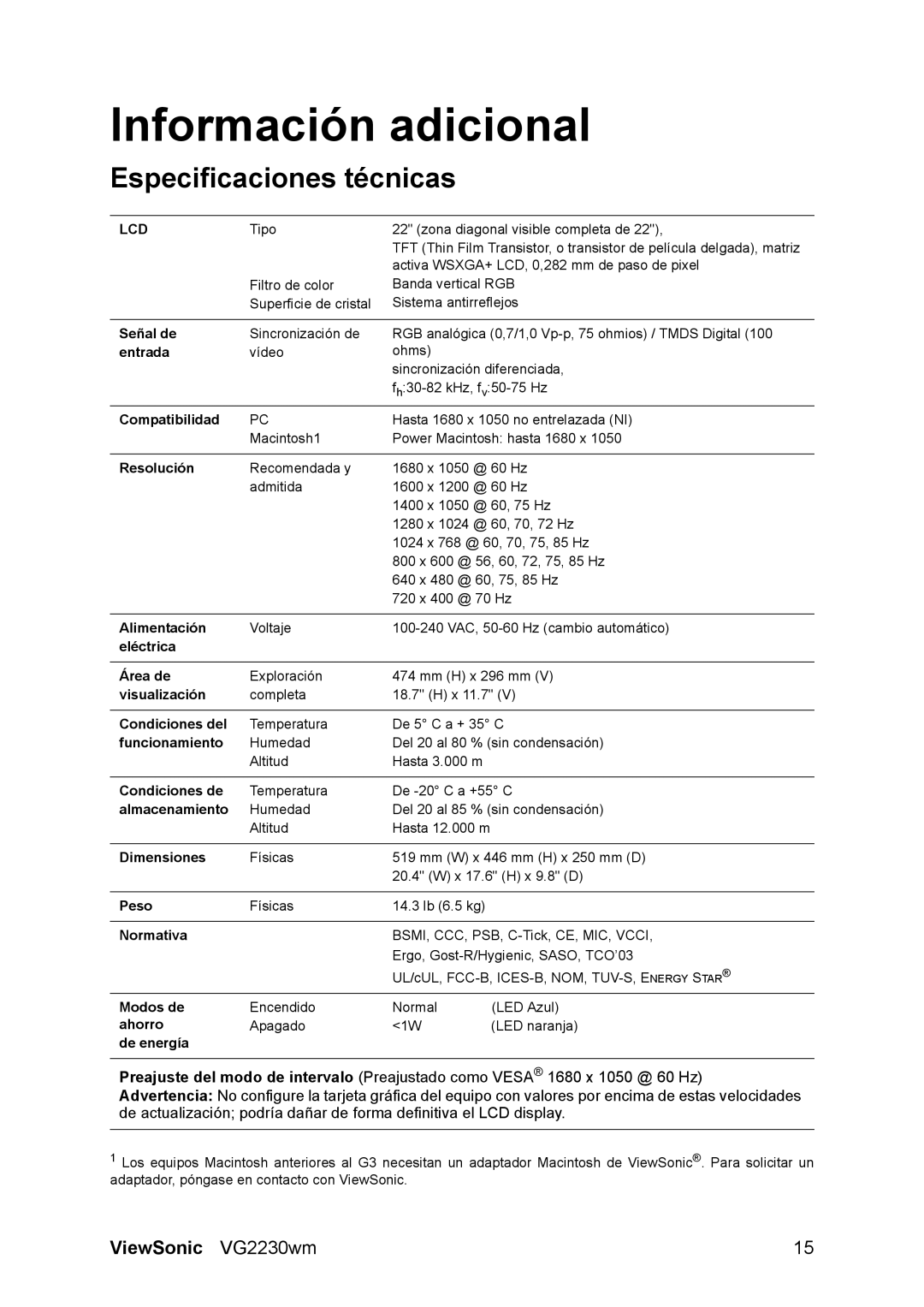 ViewSonic VG2230wm manual Información adicional, Especificaciones técnicas 