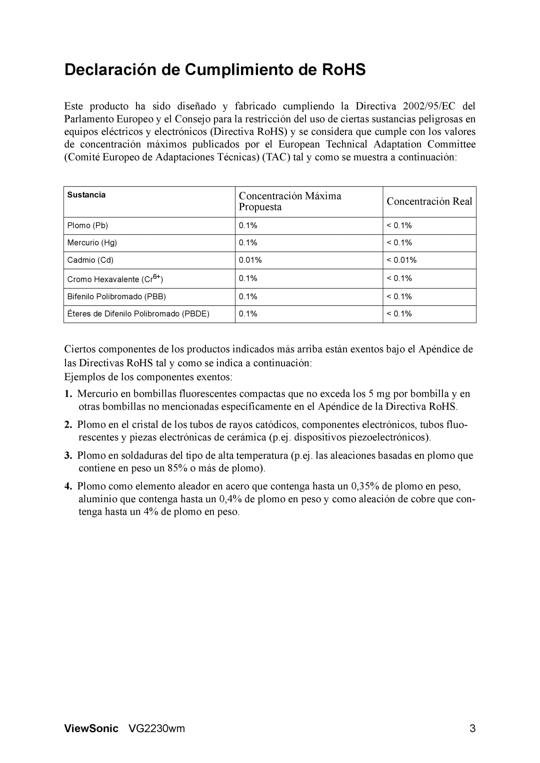 ViewSonic VG2230wm manual Declaración de Cumplimiento de RoHS, Concentración Máxima Concentración Real Propuesta 