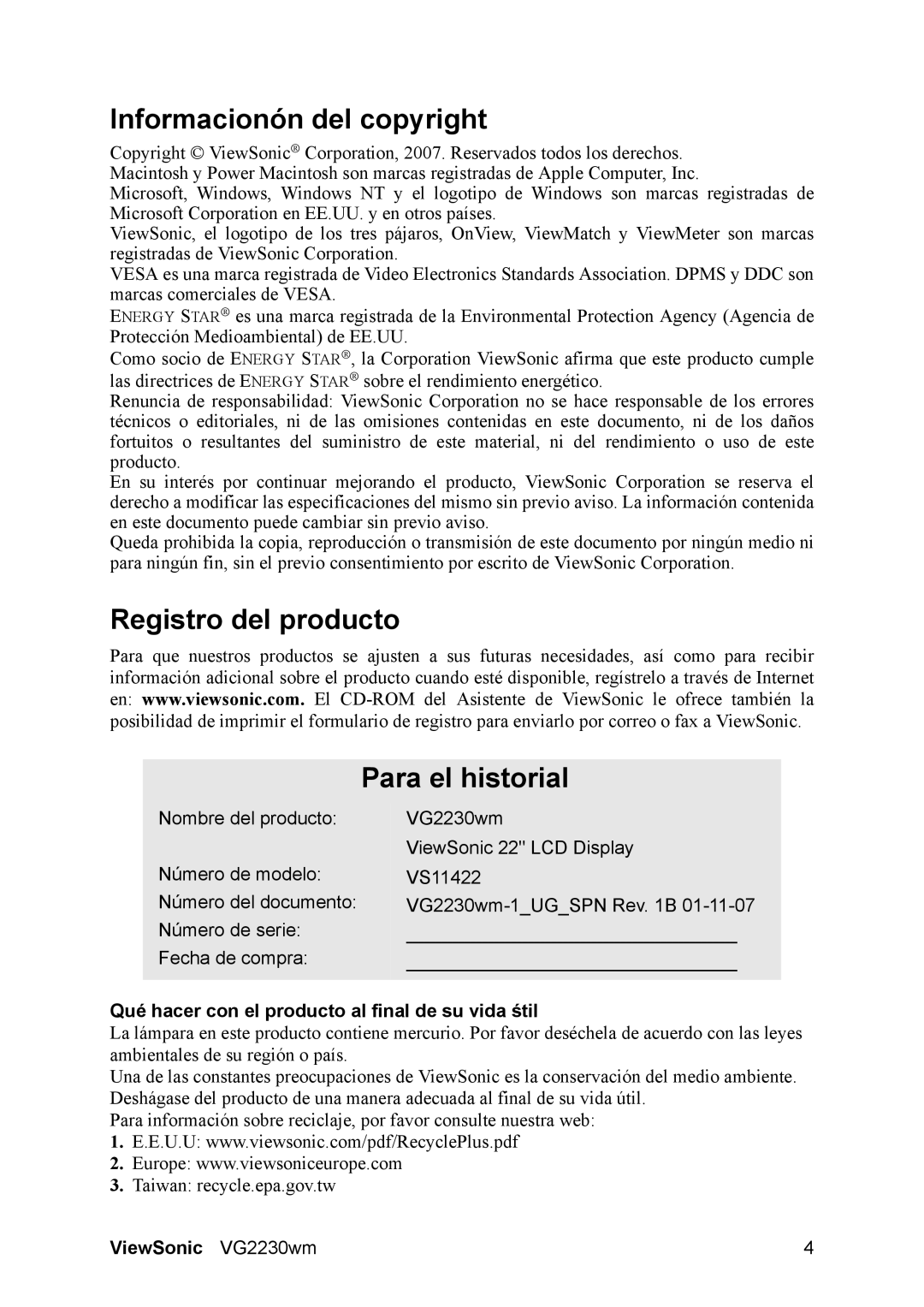 ViewSonic VG2230wm manual Informacionón del copyright, Registro del producto Para el historial 