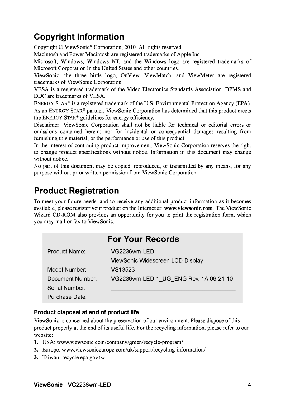 ViewSonic VG2236wm-LED warranty Copyright Information, Product Registration, For Your Records 