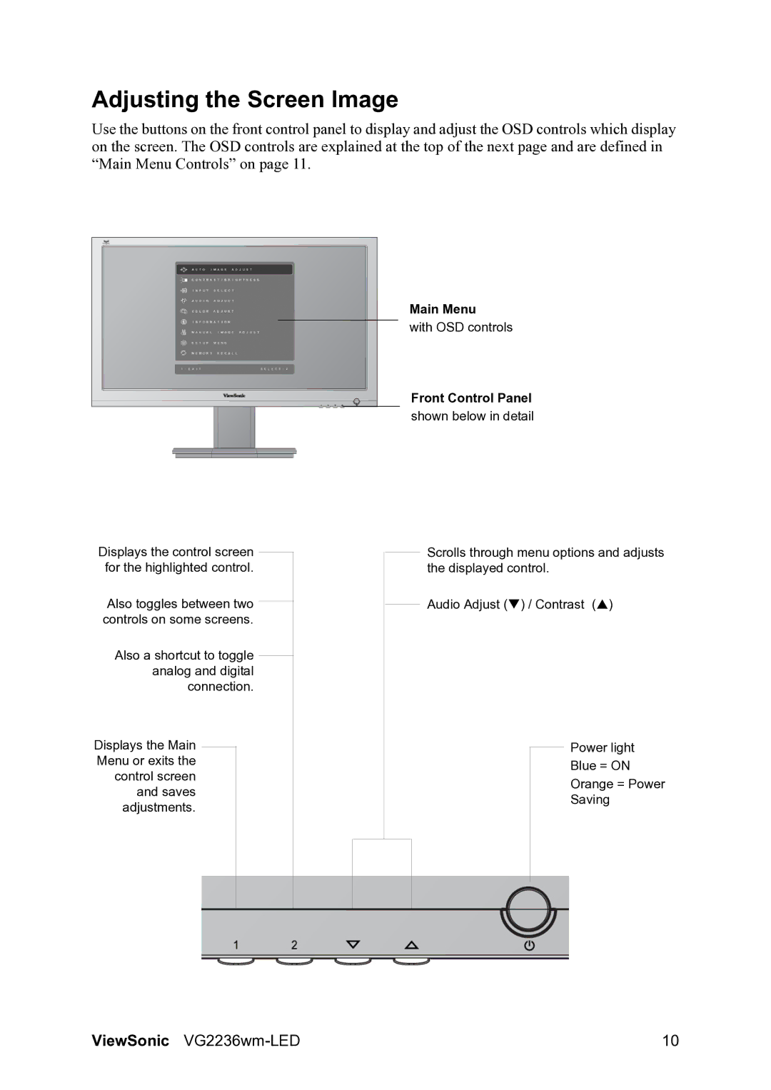 ViewSonic VG2236wm-LED warranty Adjusting the Screen Image, Front Control Panel 