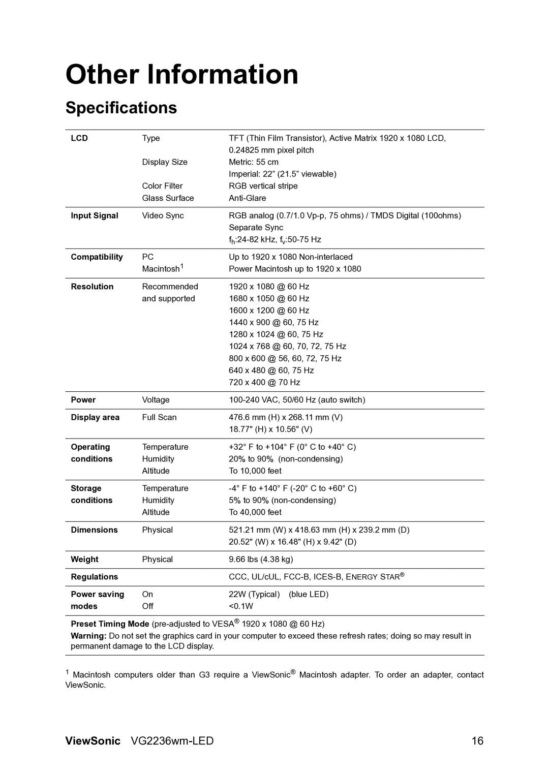 ViewSonic VG2236wm-LED warranty Other Information, Specifications 