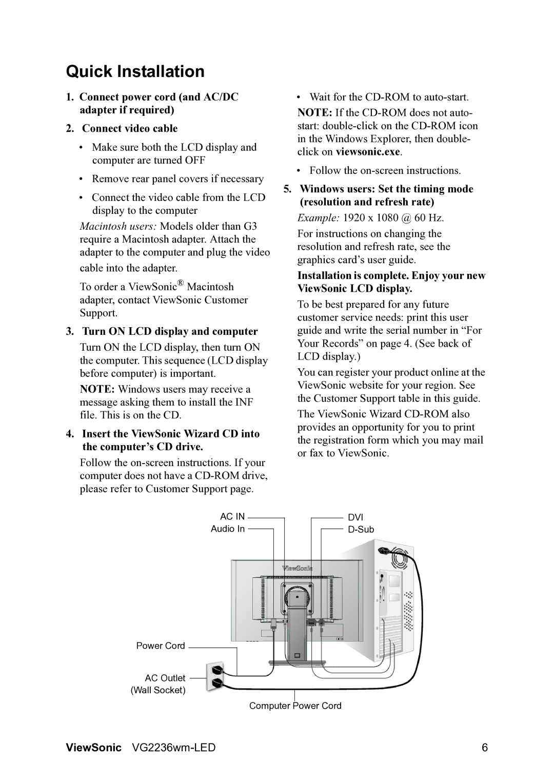 ViewSonic VG2236wm-LED warranty Quick Installation, Turn on LCD display and computer 