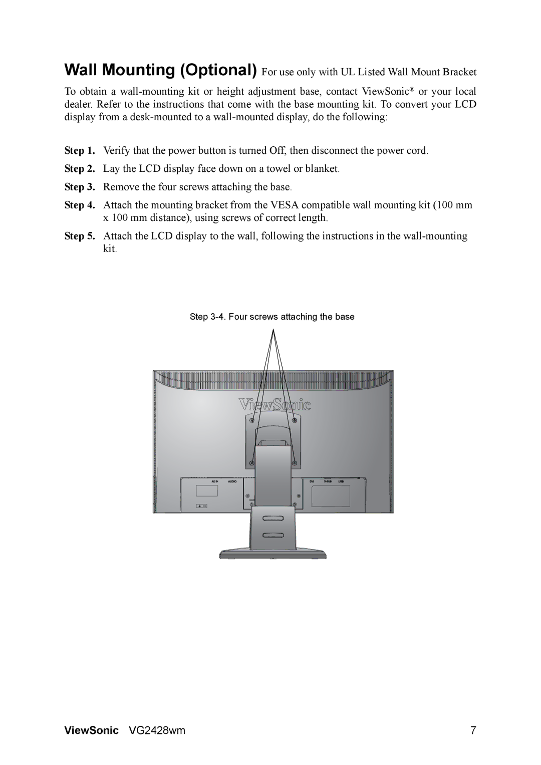 ViewSonic VG2428WM, VS12513 warranty Four screws attaching the base 