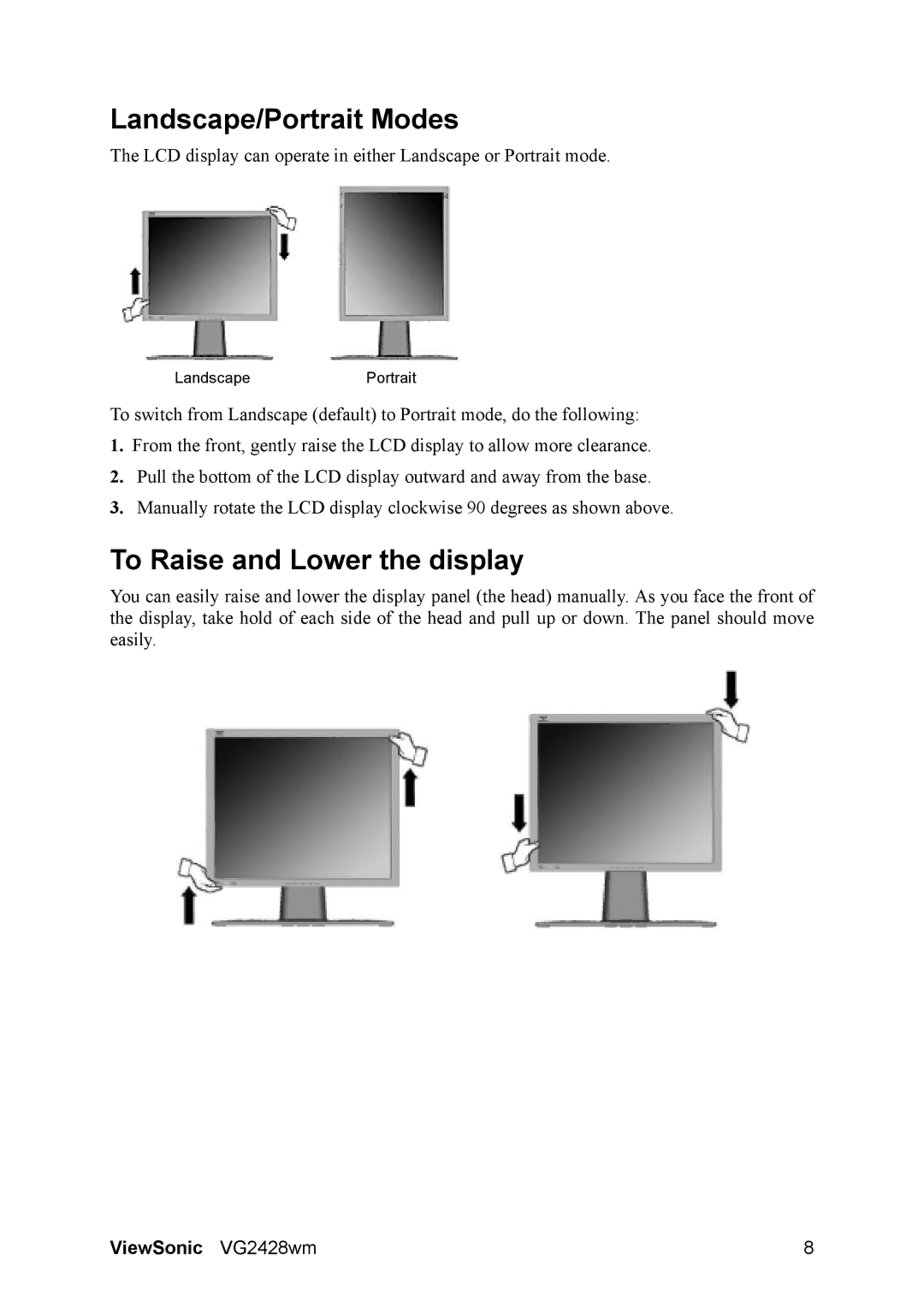 ViewSonic VS12513, VG2428WM warranty Landscape/Portrait Modes, To Raise and Lower the display 