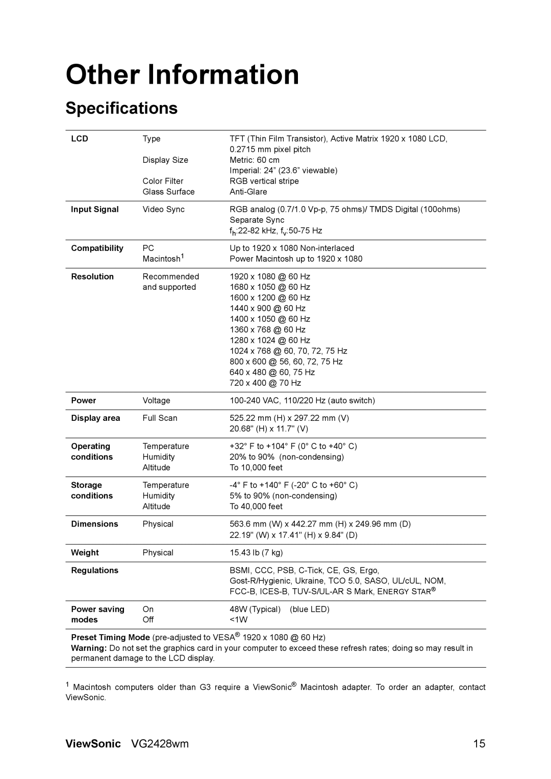 ViewSonic VG2428WM, VS12513 warranty Other Information, Specifications 