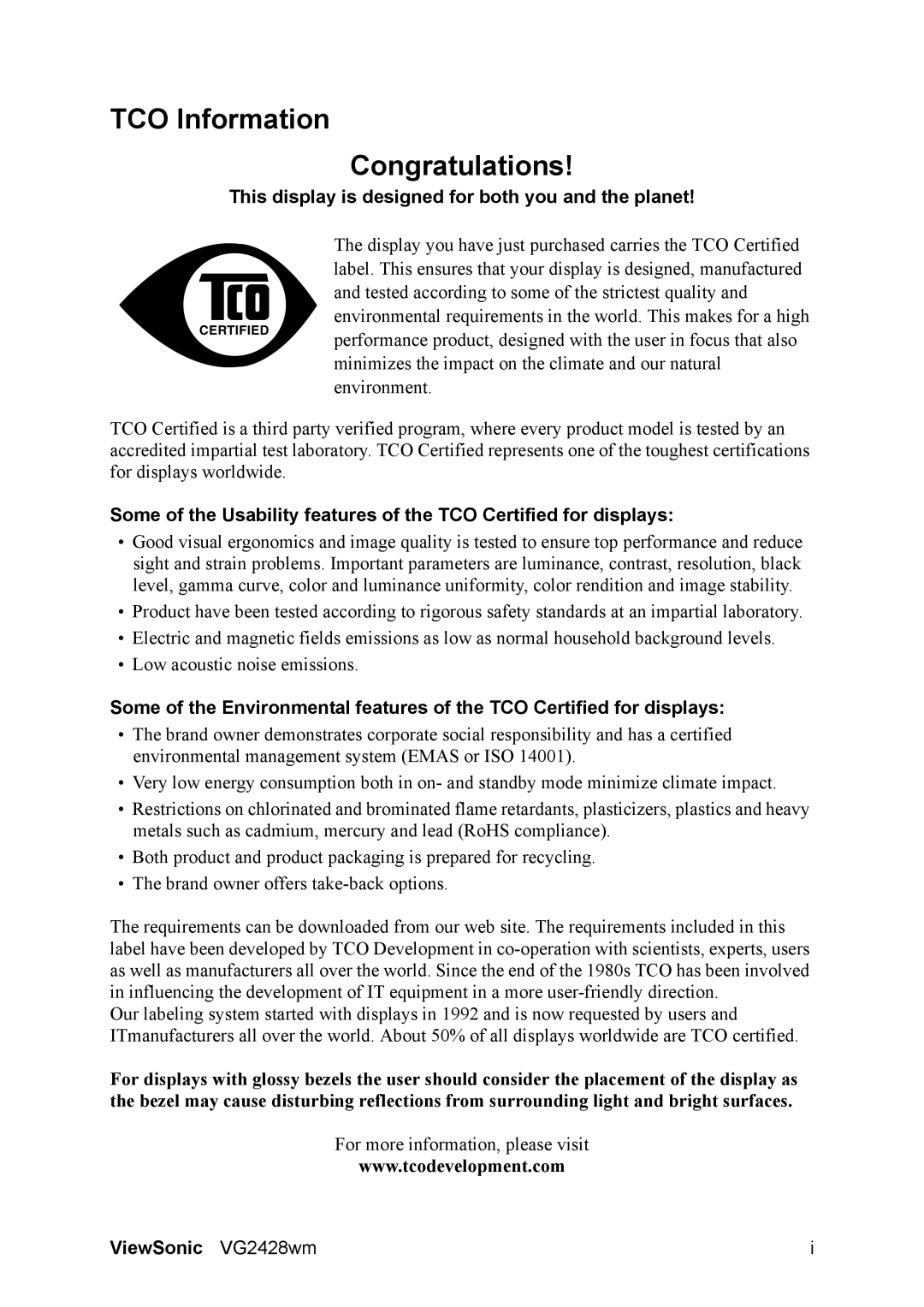 ViewSonic VG2428WM, VS12513 warranty TCO Information Congratulations, This display is designed for both you and the planet 