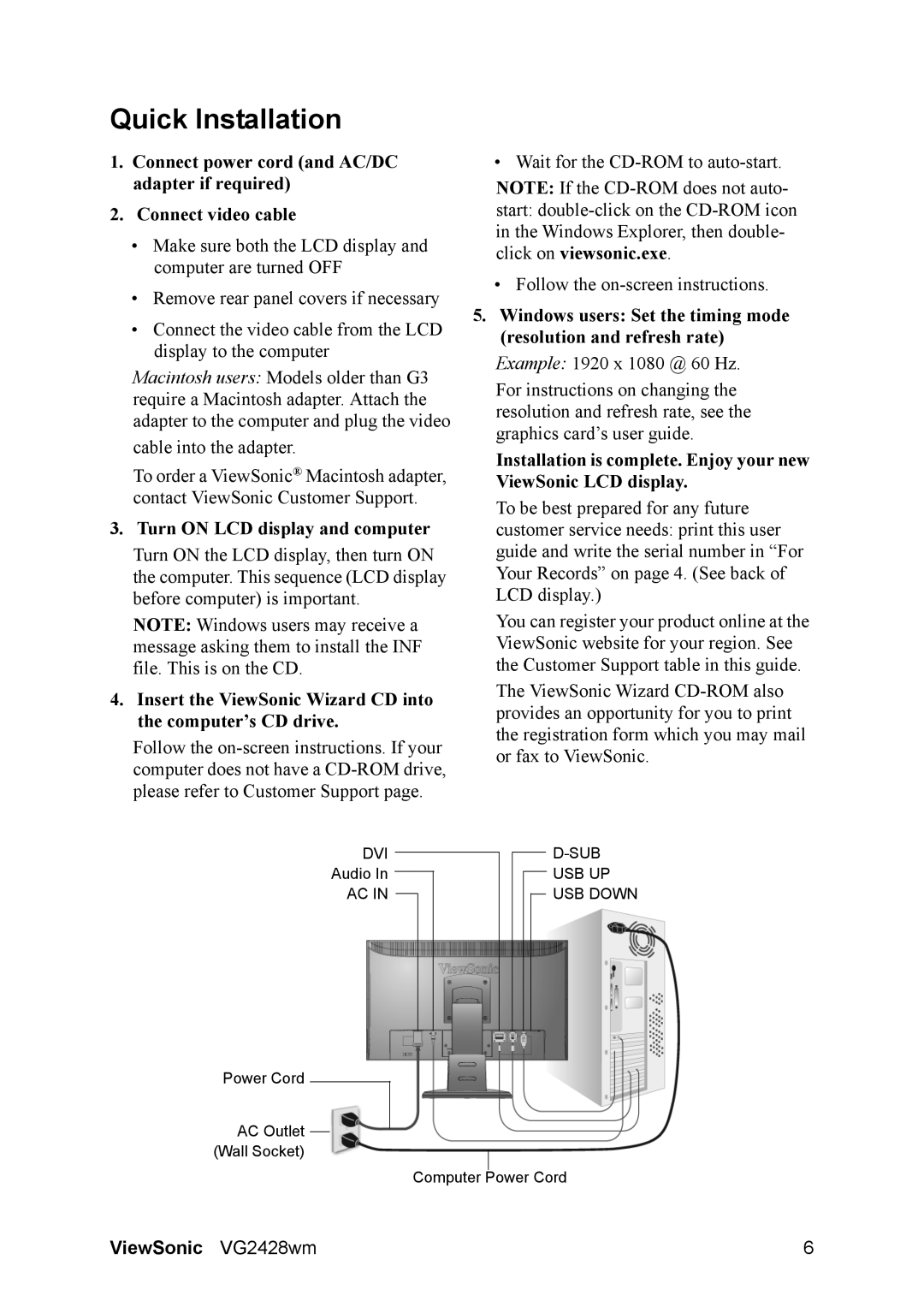 ViewSonic VS12513, VG2428WM warranty Quick Installation, Turn on LCD display and computer 