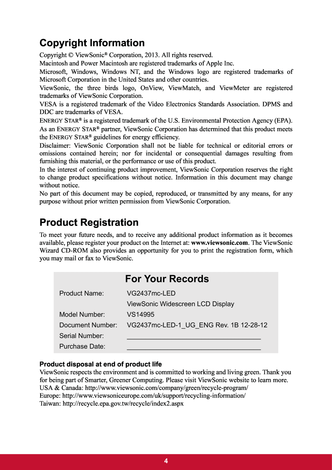 ViewSonic VG2437mc-LED warranty Copyright Information, Product Registration, For Your Records 