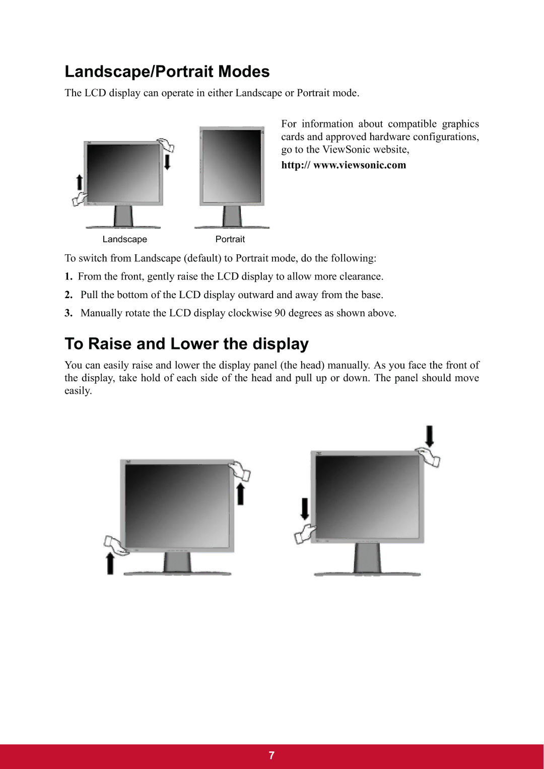 ViewSonic VG2437mc-LED warranty Landscape/Portrait Modes, To Raise and Lower the display 