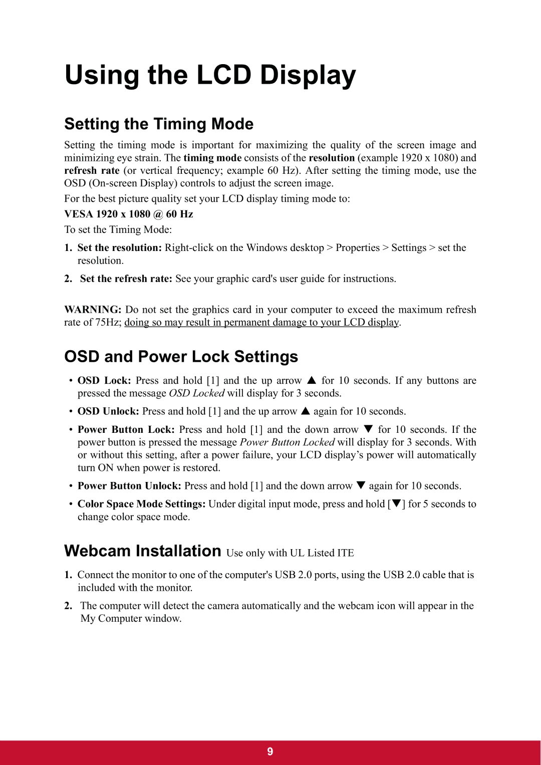 ViewSonic VG2437mc-LED warranty Setting the Timing Mode, OSD and Power Lock Settings, Vesa 1920 x 1080 @ 60 Hz 