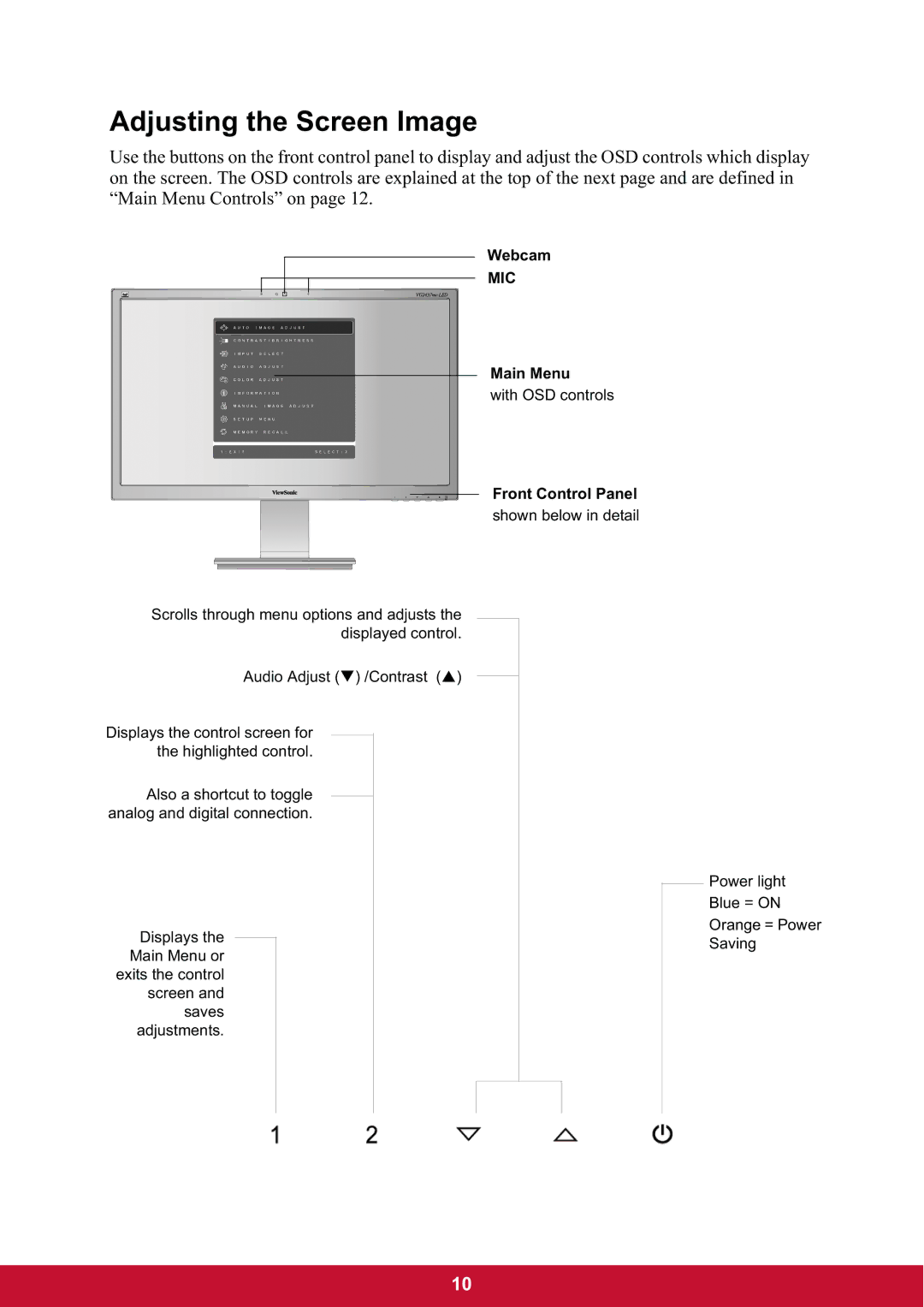 ViewSonic VG2437mc-LED warranty Adjusting the Screen Image, Mic 