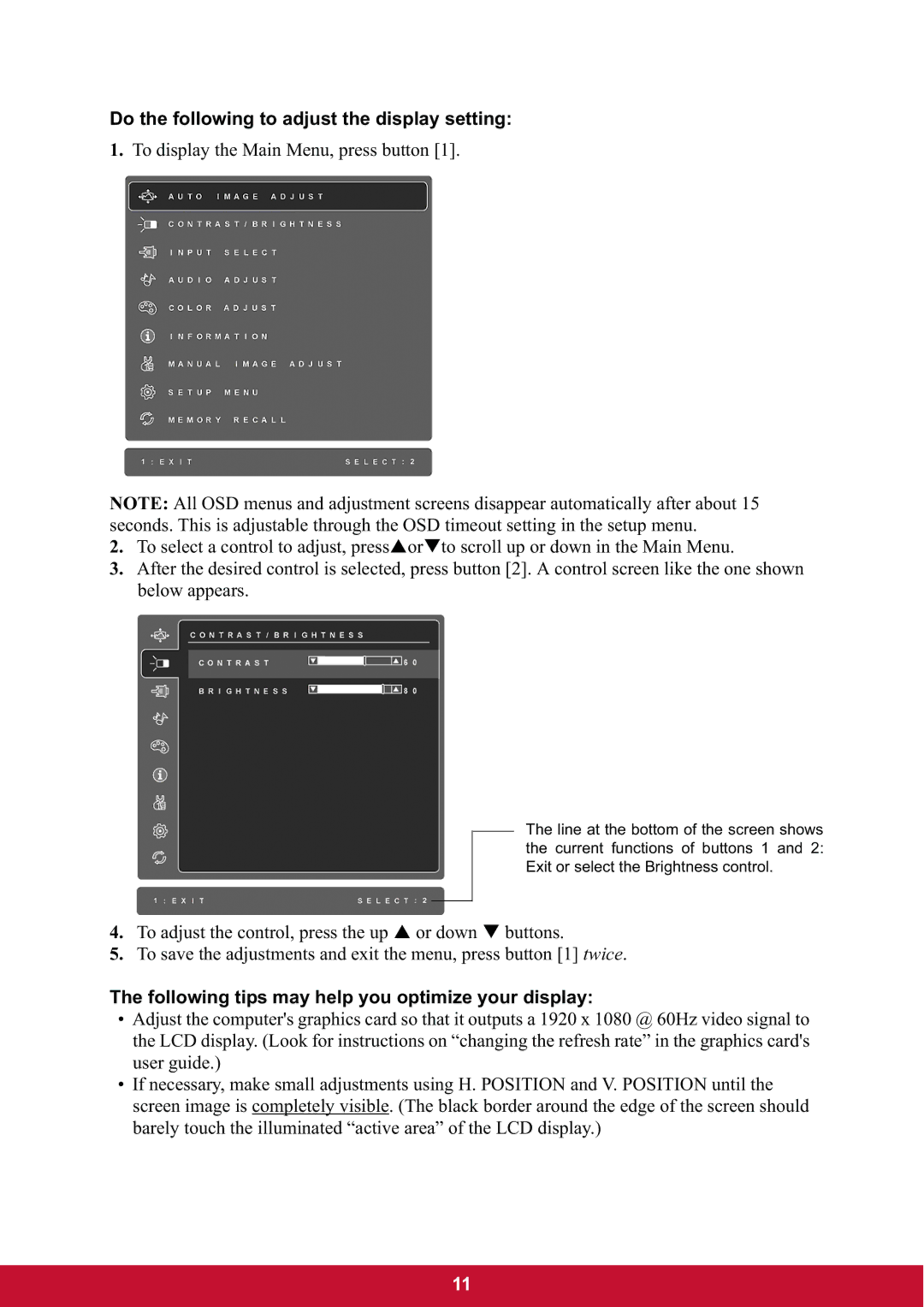 ViewSonic VG2437mc-LED Do the following to adjust the display setting, Following tips may help you optimize your display 