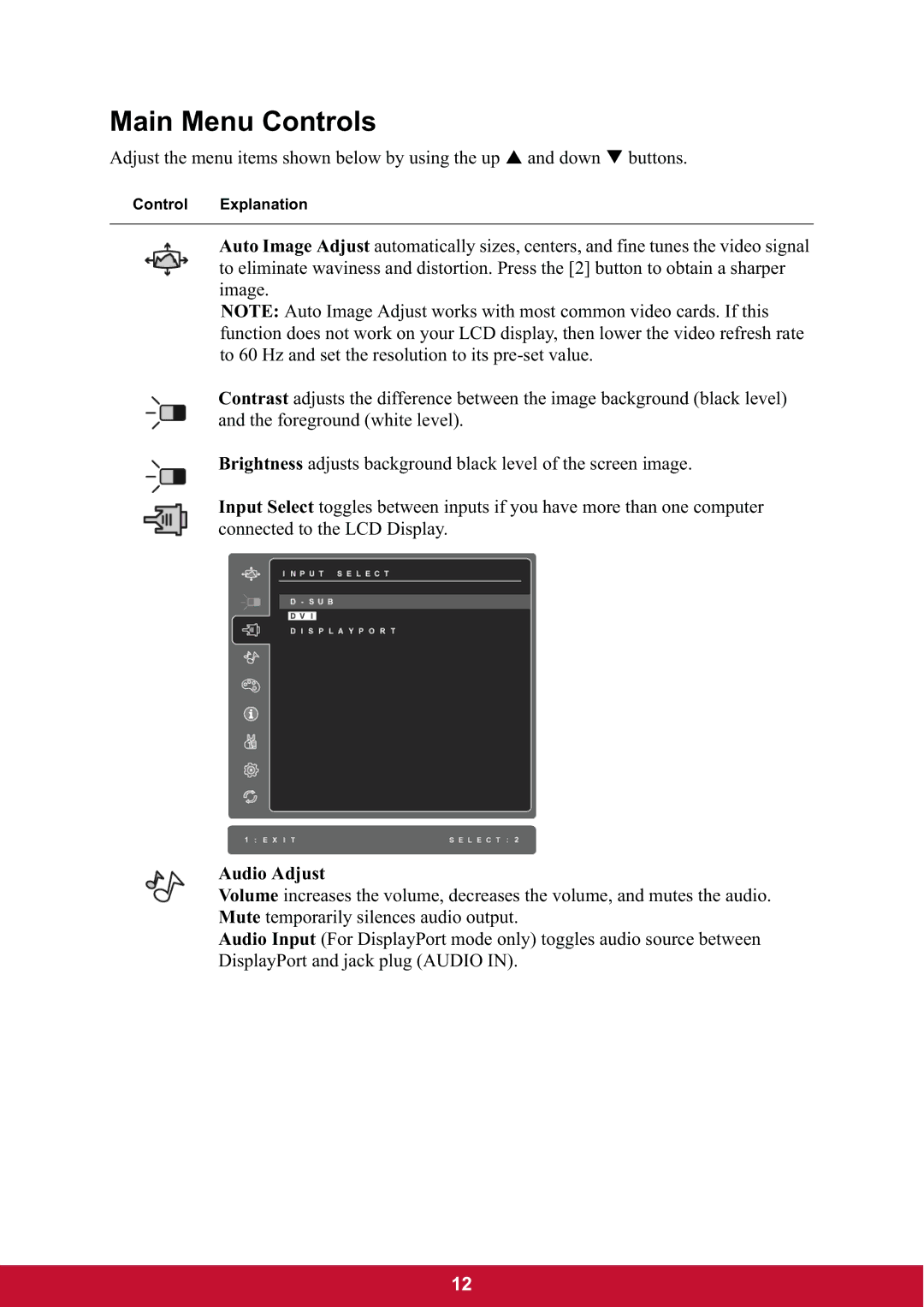 ViewSonic VG2437mc-LED warranty Main Menu Controls, Audio Adjust 