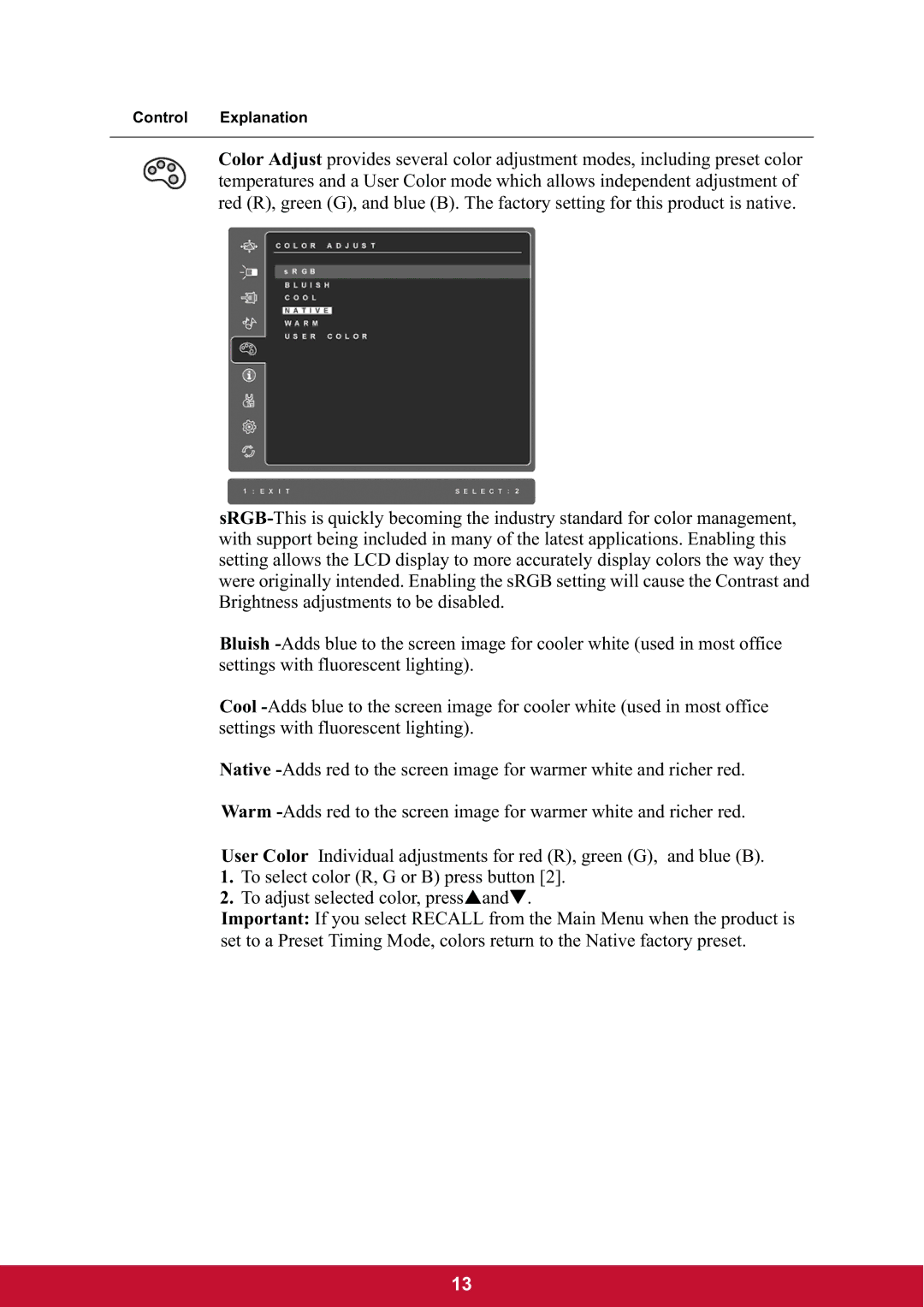 ViewSonic VG2437mc-LED warranty Control Explanation 