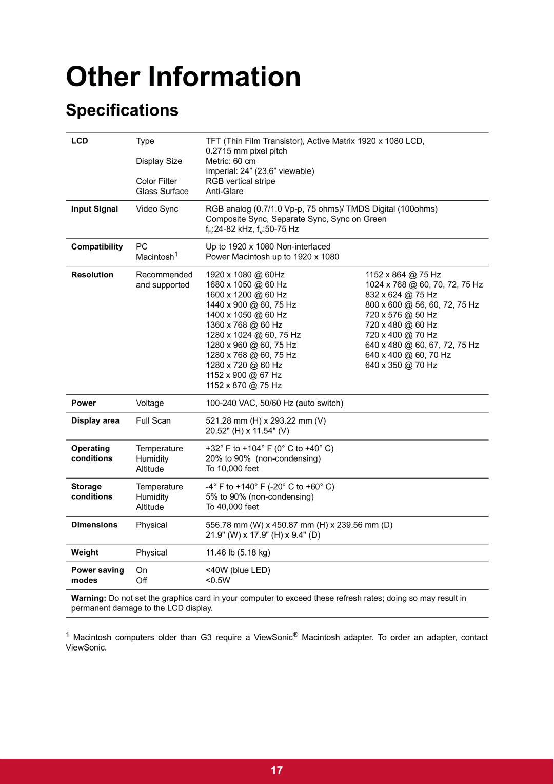 ViewSonic VG2437mc-LED warranty Other Information, Specifications 