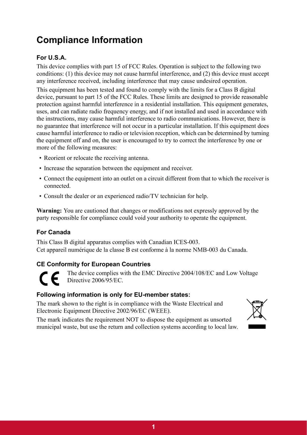 ViewSonic VG2437mc-LED warranty Compliance Information, For U.S.A, For Canada, CE Conformity for European Countries 