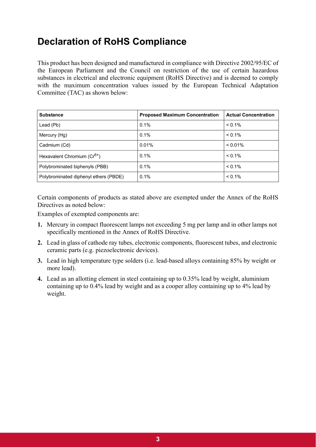 ViewSonic VG2437mc-LED warranty Declaration of RoHS Compliance 