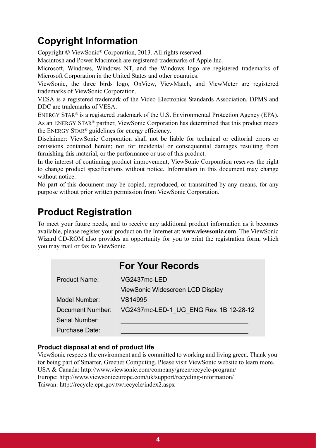 ViewSonic VG2437mc-LED warranty Copyright Information, Product Registration For Your Records 