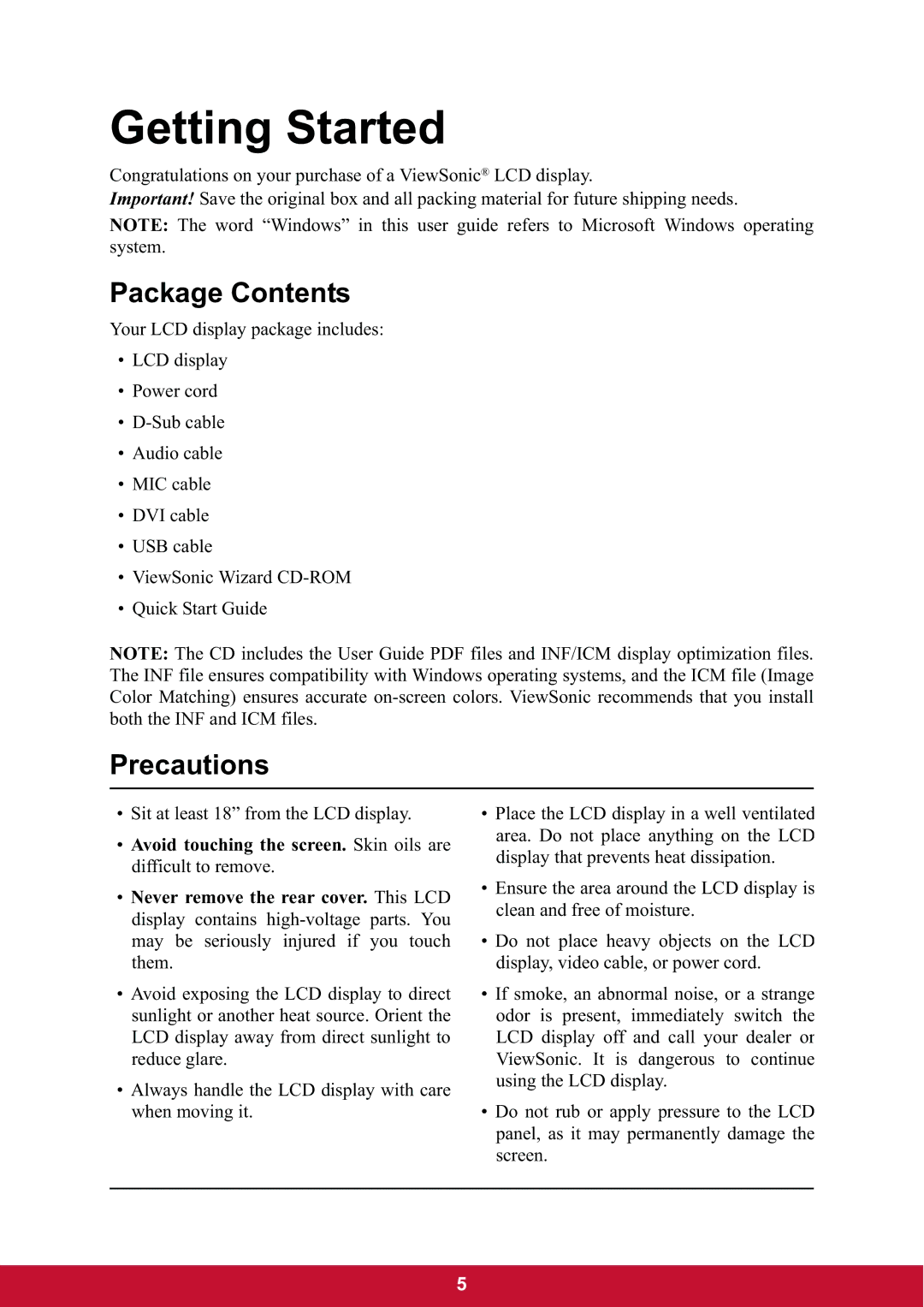 ViewSonic VG2437mc-LED warranty Package Contents, Precautions 