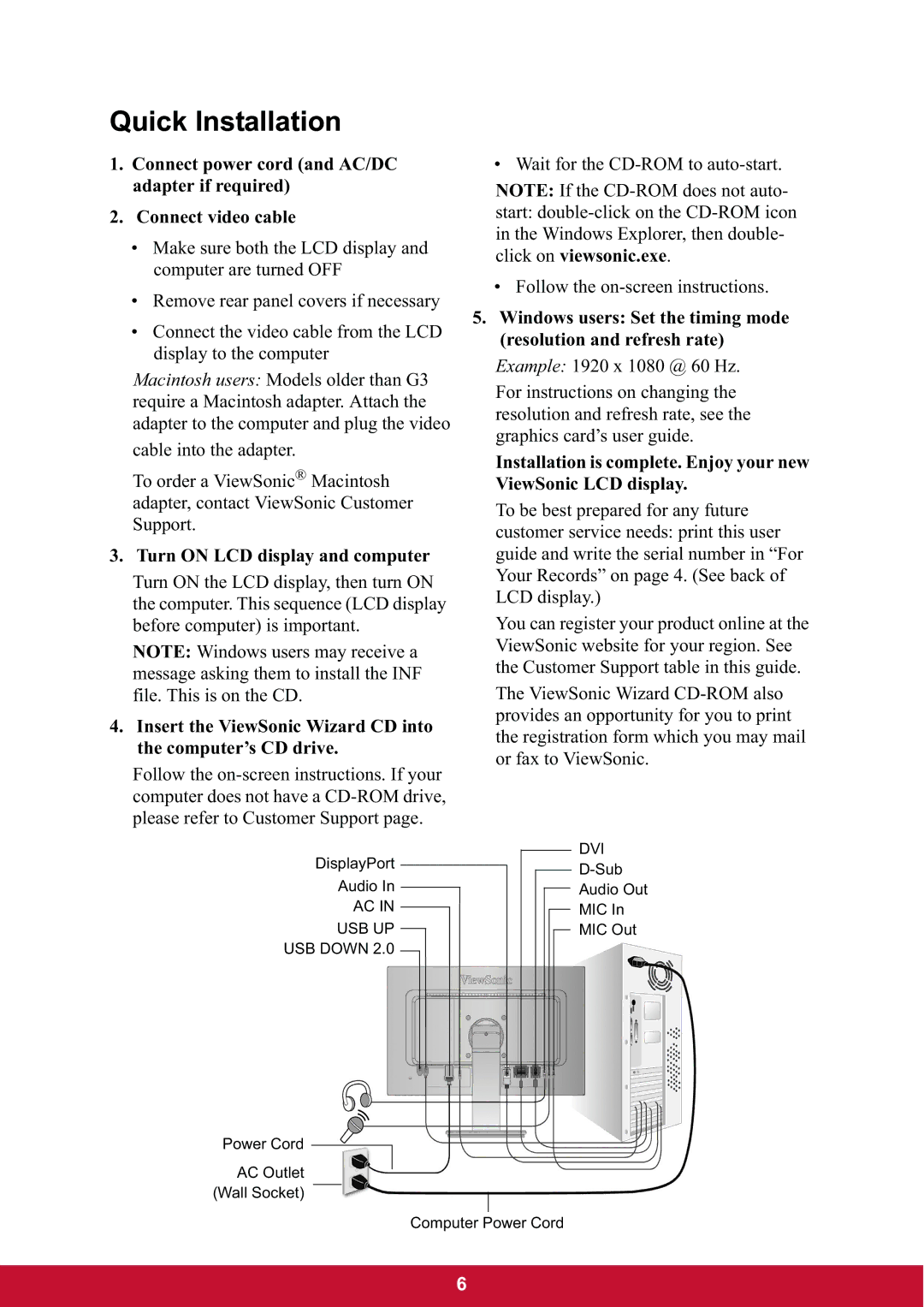 ViewSonic VG2437mc-LED warranty Quick Installation, Turn on LCD display and computer 