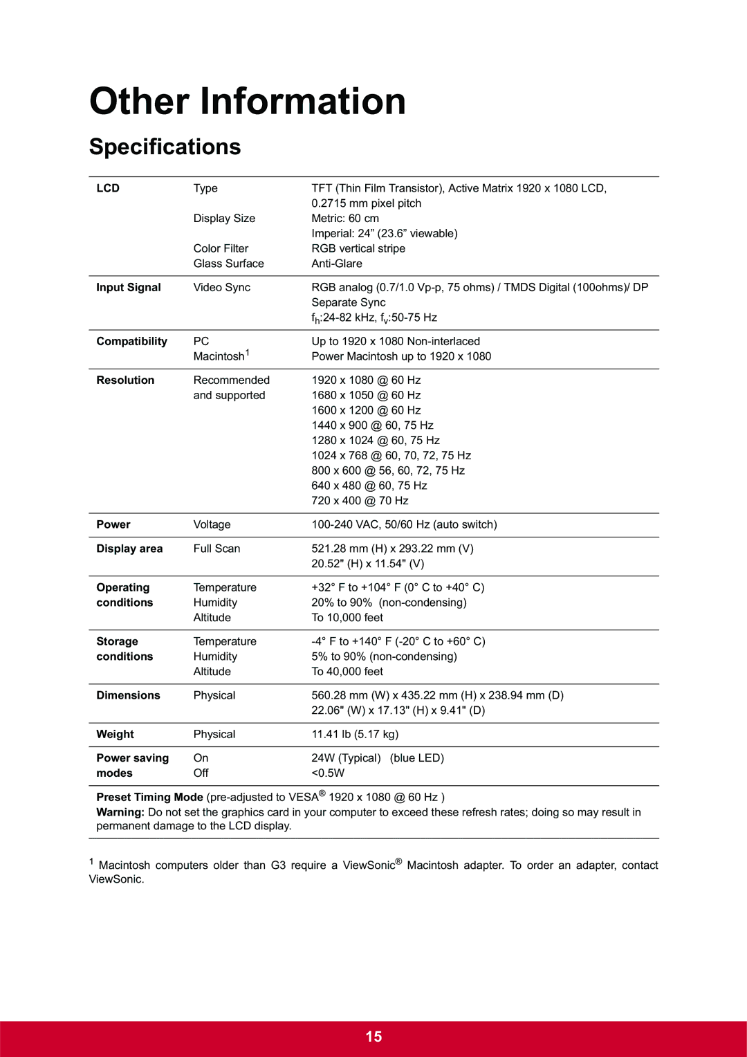 ViewSonic VG2439mLED, VG2439M-LED warranty Other Information, Specifications 