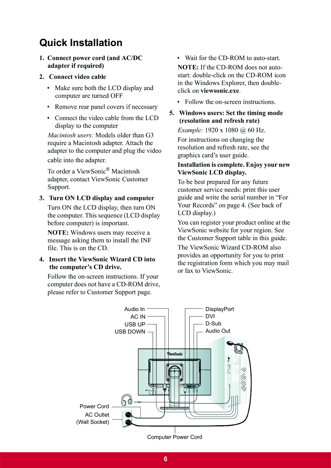 ViewSonic VG2439M-LED, VG2439mLED warranty Quick Installation, Turn on LCD display and computer 