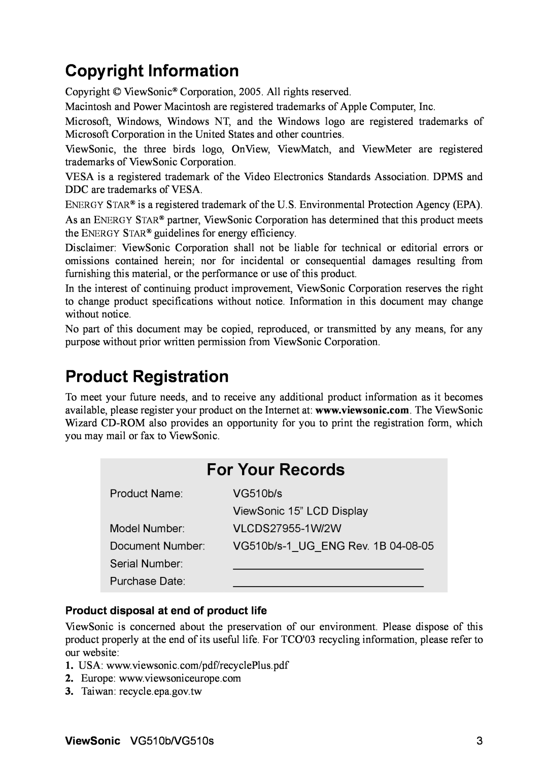 ViewSonic VG510b-1 Copyright Information, Product Registration, For Your Records, Product disposal at end of product life 